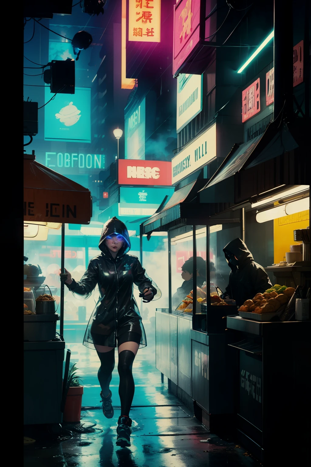 ((highest quality)), ((masterpiece)), (be familiar with), (High definition), (Accurate), (Realistic), (Cinematic), (Best Shadow), (Low contrast), (8K), Perfect Face, ((SYD MEAD style)), manga、mangaデザイン、Storyboard、Frame division、(Action Scenes), ((1 Woman is running away))、((Replicant, Black Hair, very short hair, Blue Eyes)), (Black hooded raincoat)、((Walking through the food stalls))、Glittering neon signs、congestion, congestion, Decadent Future City, NEO TOKYO, A.D.2051, (steam:1.2), It's raining white, evening, (Close-up of a woman's face)