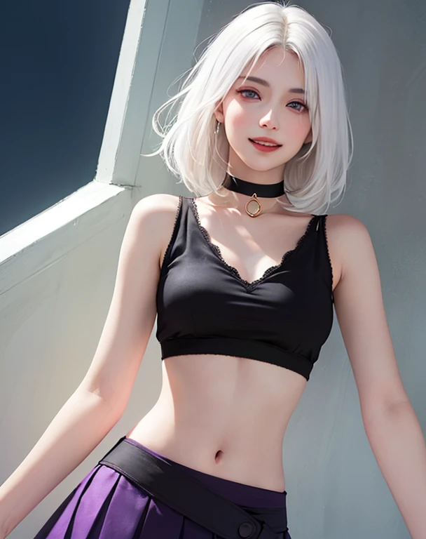 (masterpiece, best quality, 1girl, solo, intricate details, chromatic aberration), (realistic),(skin), ((breath)),(((short silky hair, white hair, purple eyes)), (medium breasts:1.2), blush, (cheeky smile, parted lips),sharp eyes, choker,((black crop top )),(skirt),open waist,(symmetry eyes),(perfect symmetrical body), night,(((natural light))),backlighting,against grey  wall, dim lighting ,look at viewer,((centered shot, from front,(face and waist)))