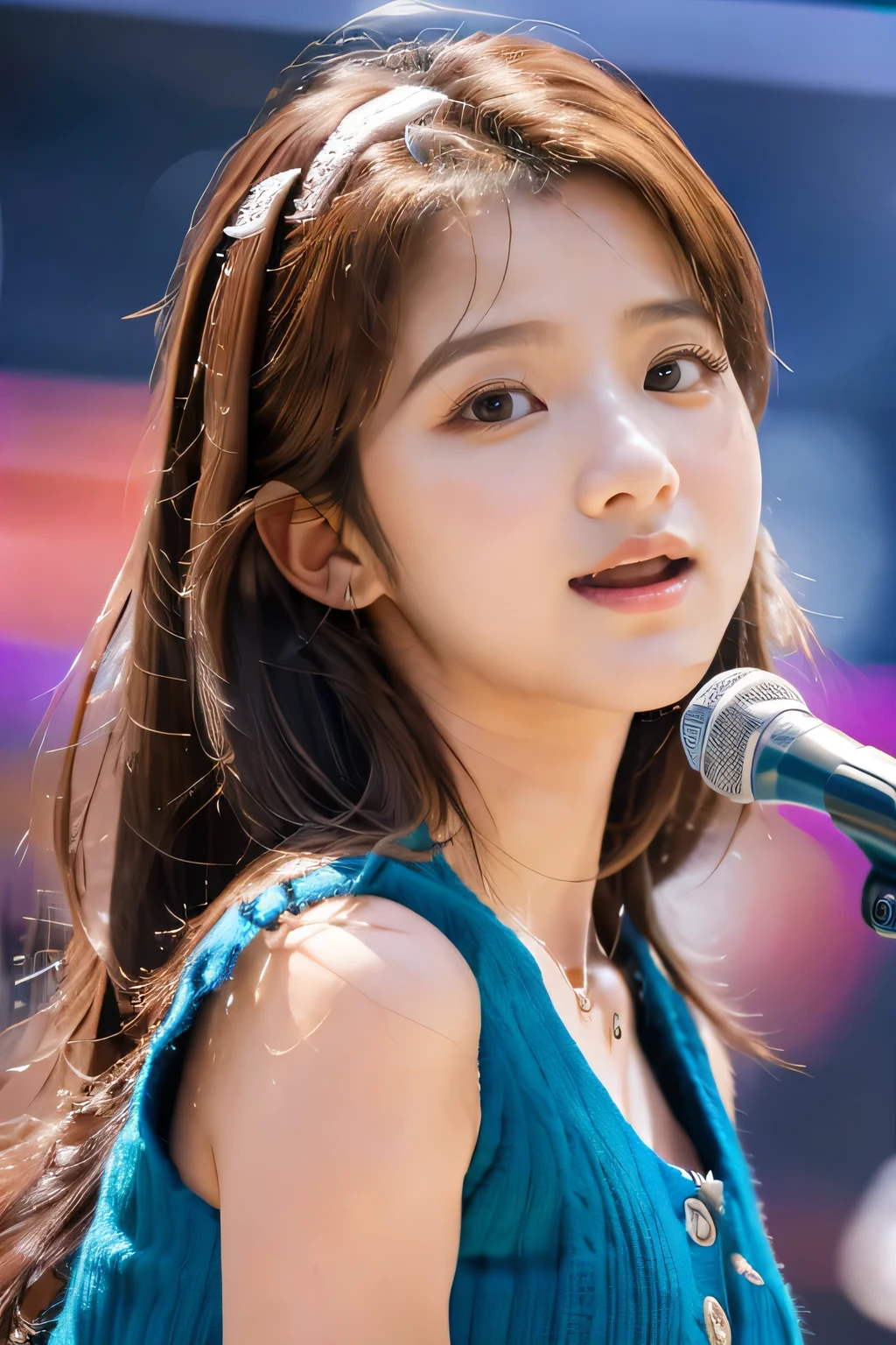 highest quality, Photorealistic, Very detailed, finely, High resolution, 8K Wallpaper, Professional, High level of detail,Detailed clavicle, Mid-chest、Perfect pretty face、Perfect pretty eyes、Cute eyelashes、(Idols singing on the big stage:1.5)、(Cute 14 year old girl:1.5)、Cute idol costume with mini skirt