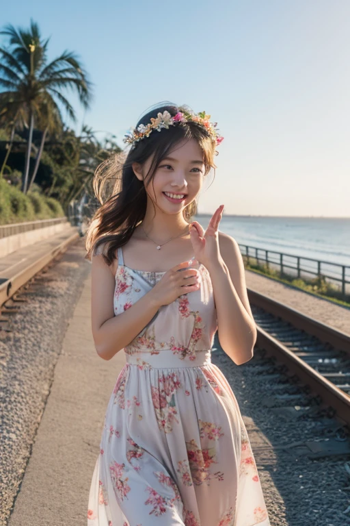 In this visually descriptive prompt、、、、、, The girl walks along a path parallel to the railroad tracks....., She greeted the day cheerfully with her right hand raised...... the morning light illuminates her face, Let your smile stand out against the backdrop of the ocean. Her hair is decorated with a delicate floral headpiece, Add femininity to the scene.