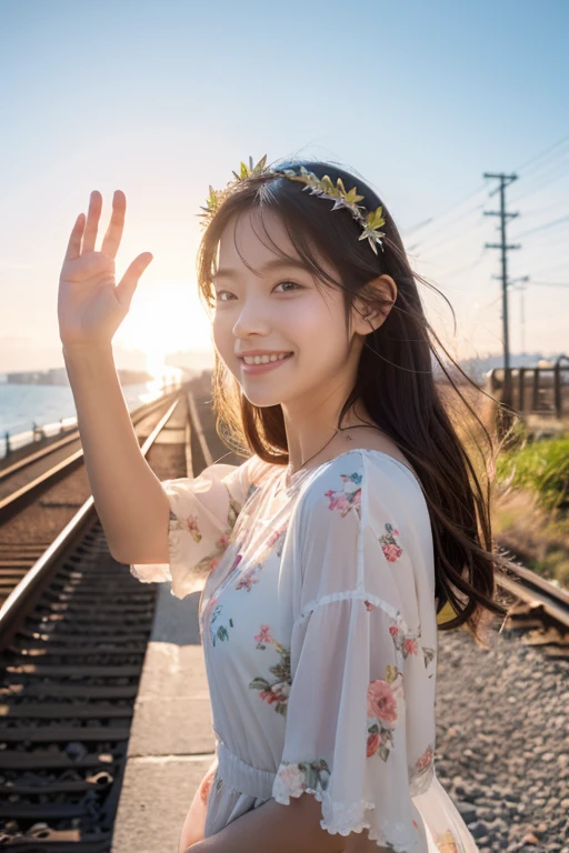 In this visually descriptive prompt、、、、、, The girl walks along a path parallel to the railroad tracks....., She greeted the day cheerfully with her right hand raised...... the morning light illuminates her face, Let your smile stand out against the backdrop of the ocean. Her hair is decorated with a delicate floral headpiece, Add femininity to the scene.