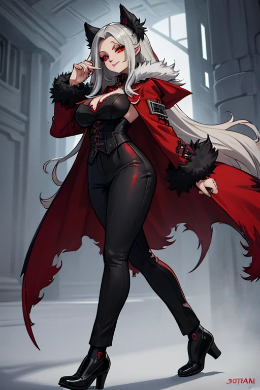 female, silver long hair with black highlights, red eyes, (((1girl))), (((red gothic coat with black fur trim))), (black shirt), (red pants), (black dress shoes), cute and sexy, full body, large breasts, large butt, long legs, smiling