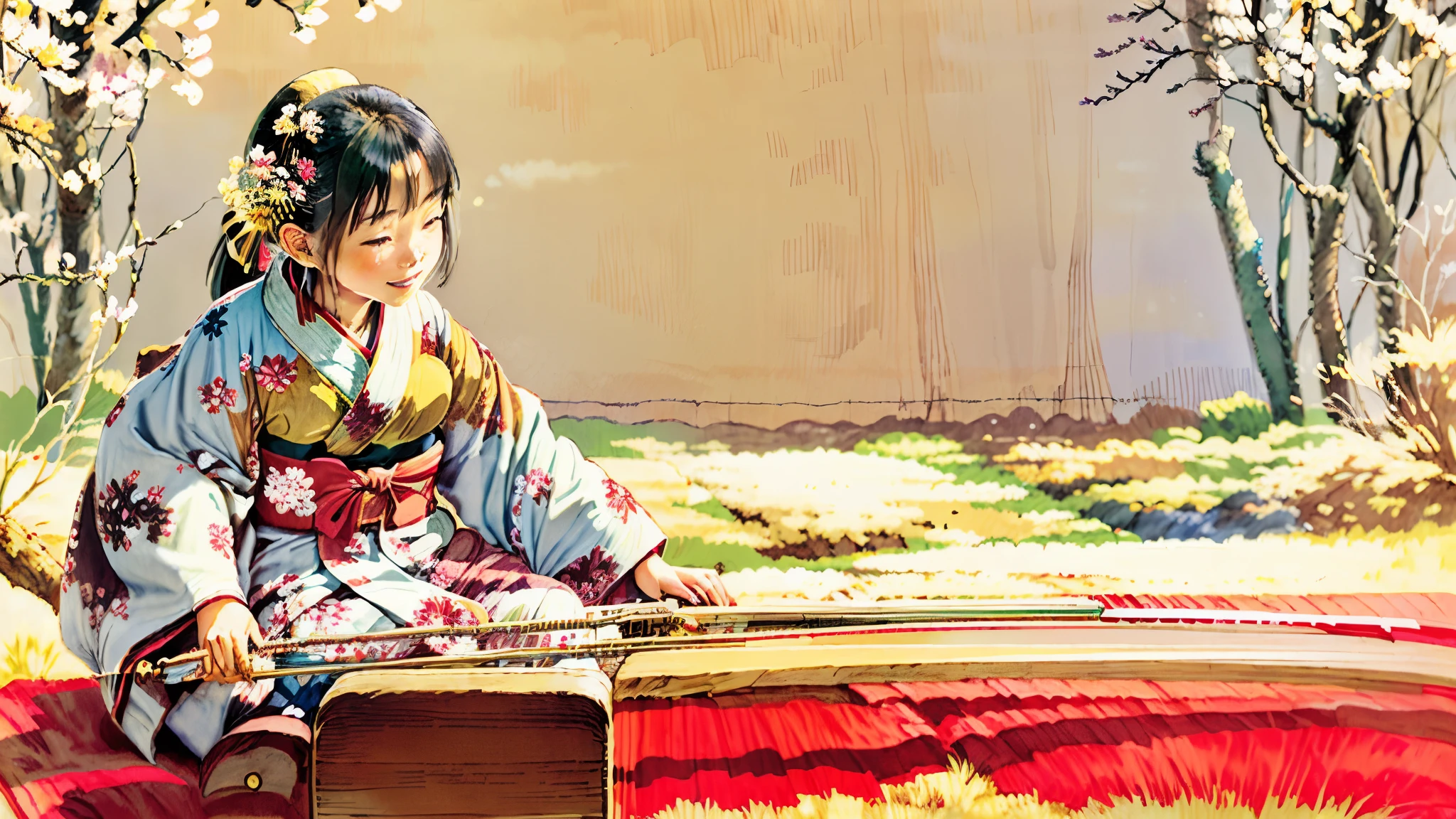 A young woman wearing a kimono is sitting on the floor and playing a musical instrument、traditional japan、Traditional、Traditional Beauty、Japanese、Japanese style、Smiling、In the midst of a forest of fresh greenery、Ghibli style、Under the cherry blossoms in full bloom、