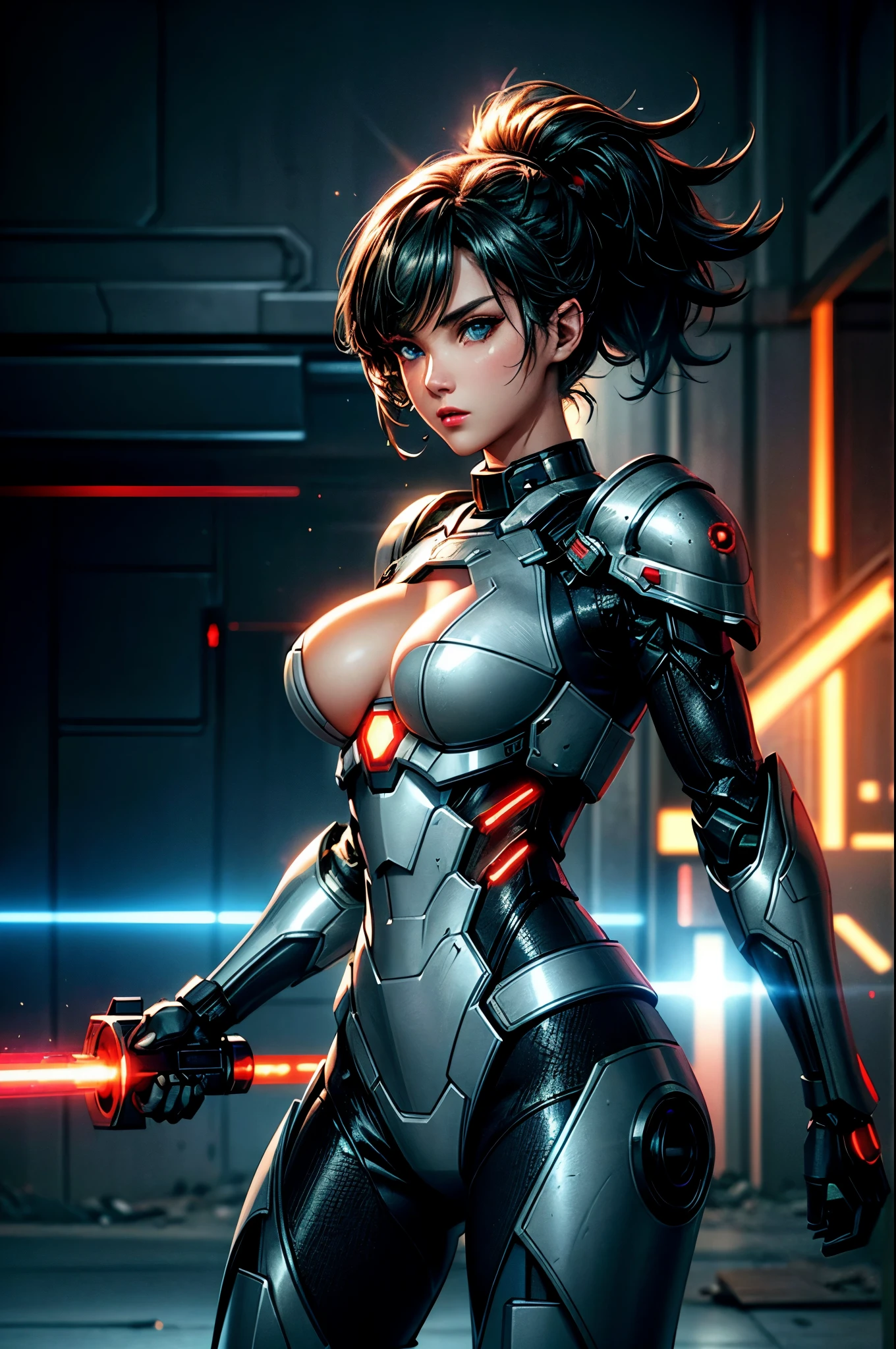Ultra-wide shot,(((Sexy female human in futuristic armor))),fantasy,Science Fiction,Break,
Beautiful female face,Tempting,sexy,mist,Vivid and charming eyes,Super detailed eyes,Fine textured face,soft textured skin,holding laser-sword weapon,red Glowing laser-sword,white and darkgrey armor,High detail armor,with scratches and burned,Break,
background,(In a destroyed futuristic city),destory,in war,giant robot,giant robott walking in the distance,with Laser-weapons,Laser light emitted from weapons,Electric light,Fight back,counterattack,Break,
dramatic,Best quality masterpiece,Reality,detailed,HDR,Shallow and deep,Movie Lighting,Shining,Clear focus,Bloom,Chromatic Aberration,Futurism,Verism,anime style,sparkle,glowing light,ray tracing,reflection light,drop shadow,chromatic aberration abuse,cinematic lighting,high detail,8k,super detail,UHD,retina,highres,masterpiece,award winning,ccurate