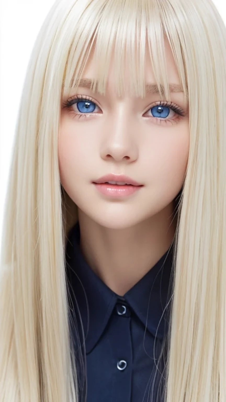 Portrait、、Bright expression、ponytail、Young, lustrous, glowing, white skin、The best beauty、Blonde reflection、Platinum blonde hair with dazzling highlights、Shiny bright hair,、Super long silky straight hair、Shiny beautiful bangs、Bright, clear, attractive, large blue eyes、Very beautiful lovely cute 16 year old girl、Ample Bust