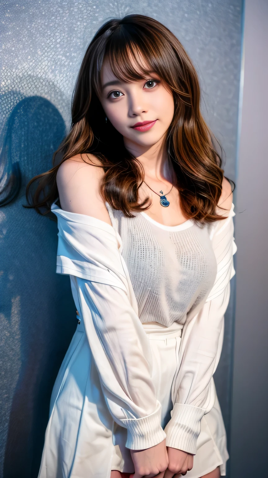 Full body angle、((highest quality、8K、Masterpiece: 1.3))、concentrate: 1.2、Cute Girl 1、Nipple erection、Full body angle、Braless walk、Perfect beauty: 1.4、Striped drop shoulder sweater: 1.2、Long sleeve、Randall Color、Comics&Text Graphics、Black ruffle trim drawstring zip blouse、1.1、Highly detailed face and skin textures、fine grain、double eyelid、Whitening skin、highest quality、Ultra-high resolution、you、One girl、one person、_Shiny skin、Iris、necklace、 ((Brown_length_Wavy_hair)),(lips))、eyelash、bangs、process、Correction、Shine、pores、Skin type、Big Breasts、smile、lively、