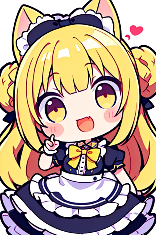 (masterpiece, best quality), chibi, close-up, portrait, 1girl, formidable_yz, head tilt, yellow hair, long hair, double bun, twin braids,fang, hand up,cat maid, white bowtie, spoken heart