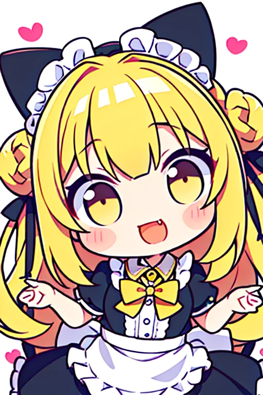 (masterpiece, best quality), chibi, close-up, portrait, 1girl, formidable_yz, head tilt, yellow hair, long hair, double bun, twin braids,fang, hand up,cat maid, white bowtie, spoken heart