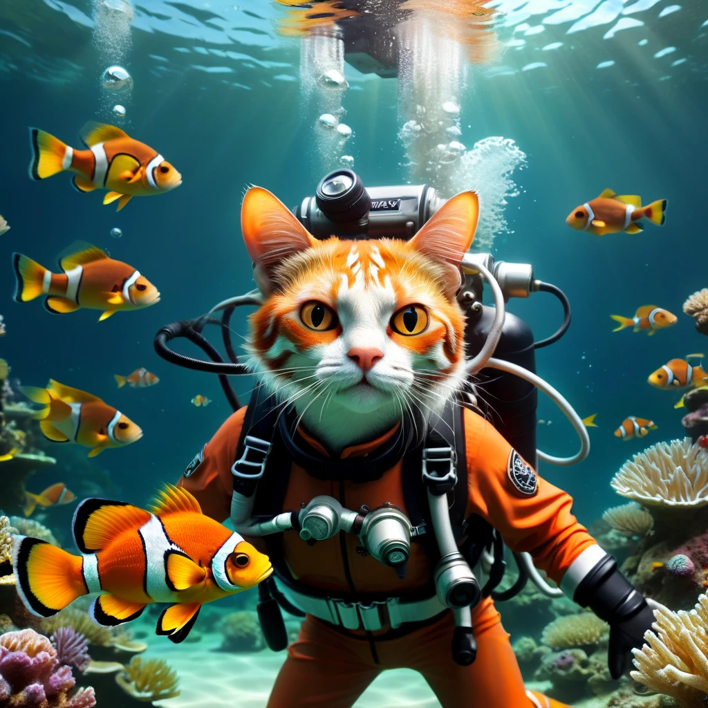 (一只穿着diving服和护目镜的猫与鱼一起游泳)，Underwater scene，(diving)，1 cat，(穿着diving服)，(Carrying an oxygen cylinder on his back)，1 fish，Clownfish，bubble，Seaweed，Coral Reefs，Sunlight is filtered through the water，Tranquil atmosphere，calm，1.4x more realism，3D Rendering，Concept Art，Vibrant colors