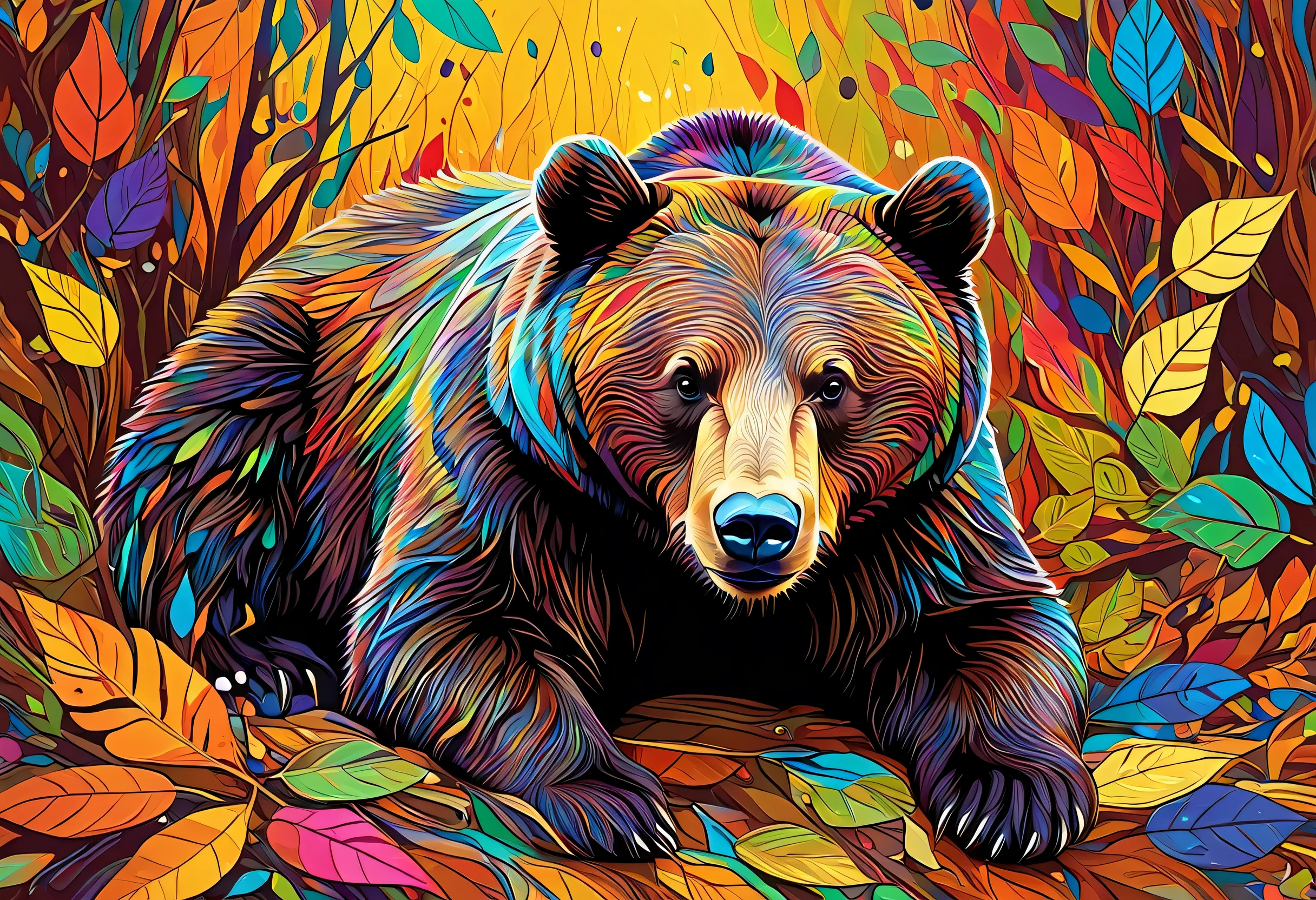 A resting brown bear with colorful paint on its body and leaves, vector art：Zahari Zograf, Trending on Pexels, psychedelic art, Rich in color and detail, A complex and colorful masterpiece, art：Alessandro Pautasso, very complex and colorful, colorful hd images, A colorful and intricate masterpiece, High quality HD digital art, great digital art, very colorful