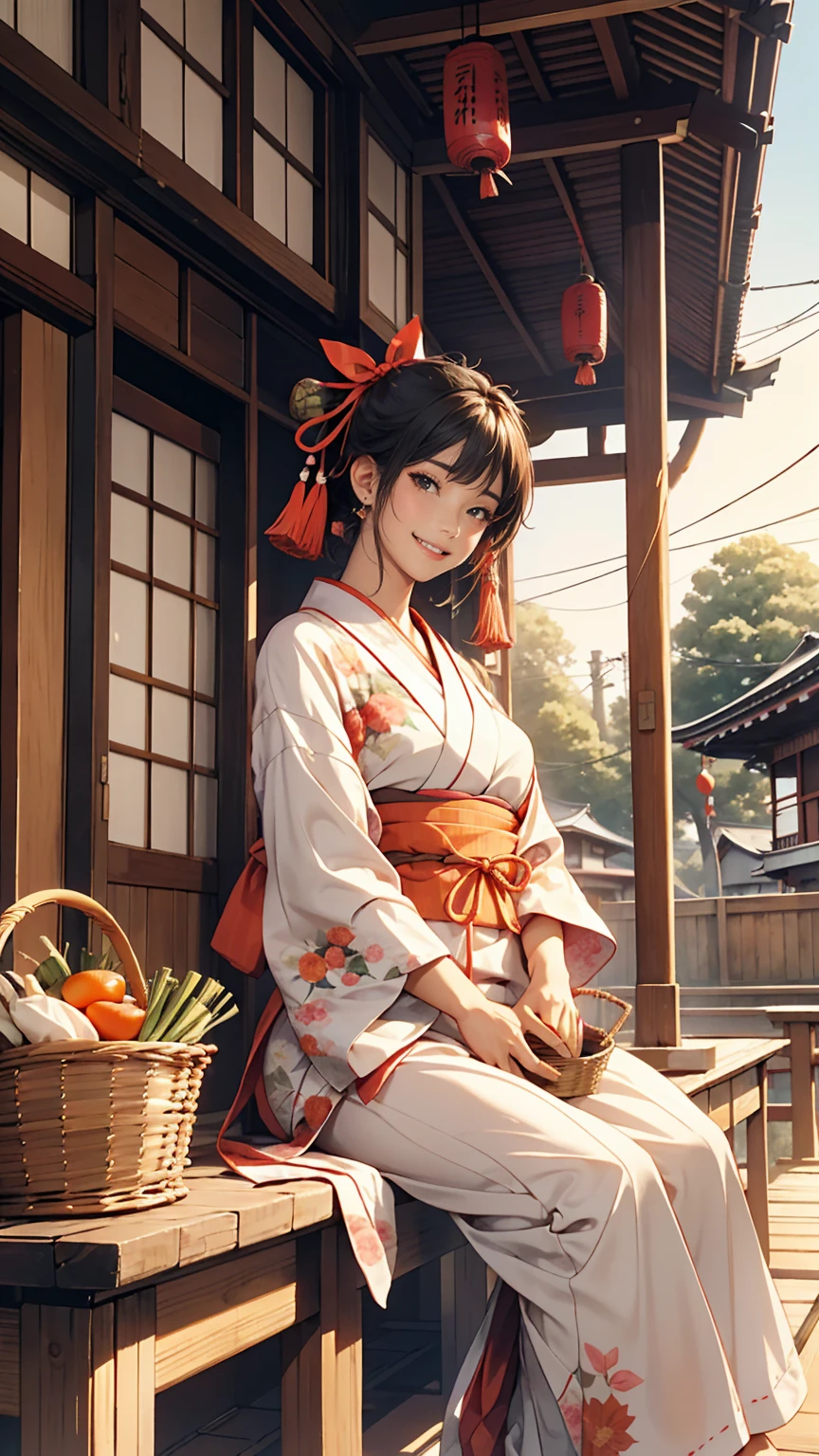((最high quality, 8K, masterpiece: 1.3, Ultra HD, high quality, 最high quality, High resolution, realism)) 、A stunningly beautiful 22-year-old Japanese woman、hair color is black、Iriedium Hair、Straight Hair、smile、Fashion model body type、I want my head to stay off screen、Wearing accessories on the wrist、Wearing red nail polish、I have a peticure、Sitting on the veranda of a Japanese house in the Japanese countryside、It's summer、A wind chime is hung in front of the eaves.、barefoot、There is a basket full of tomatoes and carrots on the veranda.、The basket is made of woven bamboo strips、A courtyard spreads out in front of the verandah.、There is a well with a hand pump in the courtyard.、Wear a yukata、smile((smile))、hair band((hair ribbon))