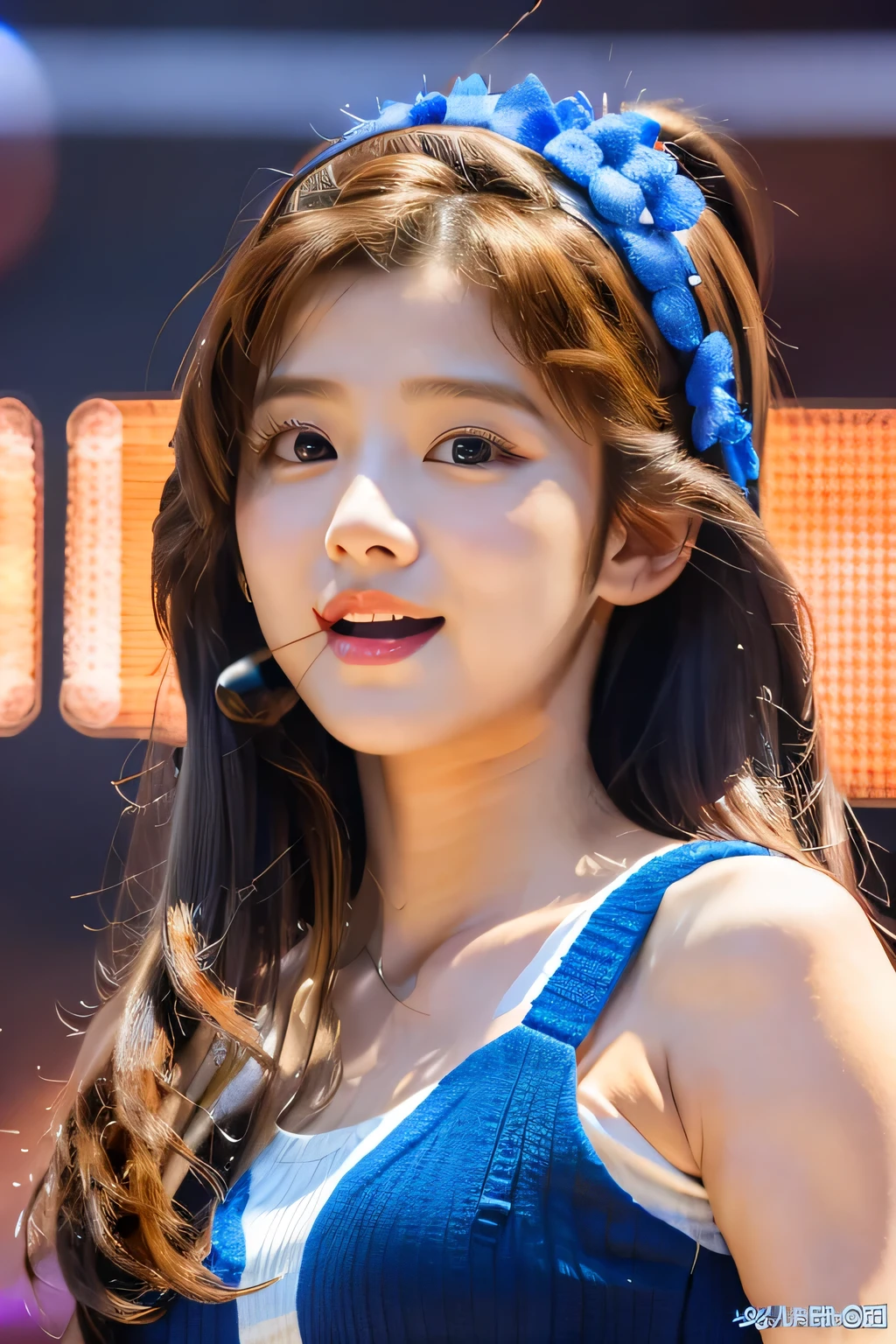highest quality, Photorealistic, Very detailed, finely, High resolution, 8K Wallpaper, Professional, High level of detail,Detailed clavicle, Mid-chest、Perfect pretty face、Perfect pretty eyes、Cute eyelashes、(Idols singing on the big stage:1.5)、(Cute 14 year old girl:1.5)、Cute idol costume with mini skirt