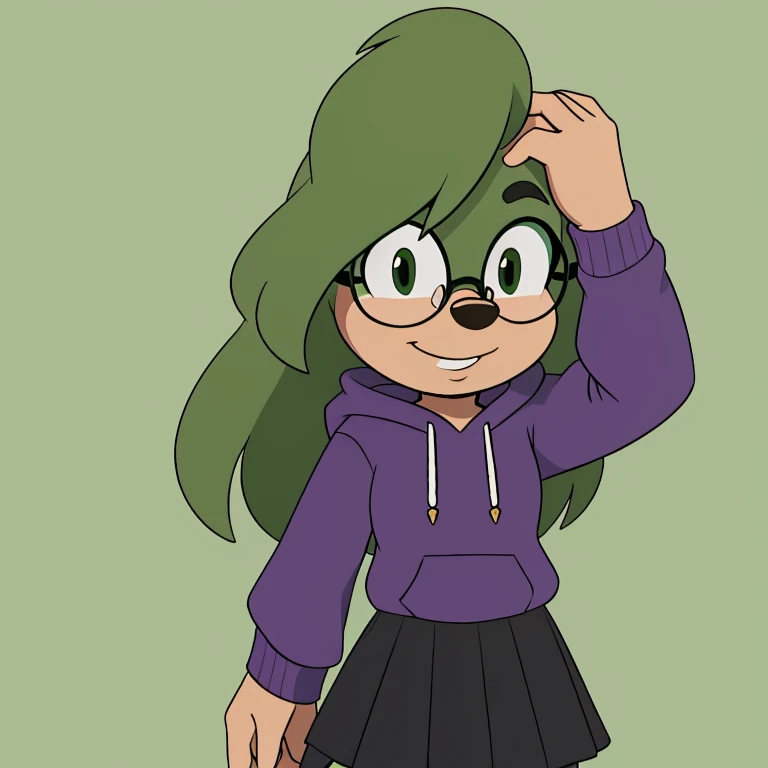 Female Mobian, Hedgehog (green color), messy hairstyle, big NERDY glasses, purple hoodie, grey skirt,