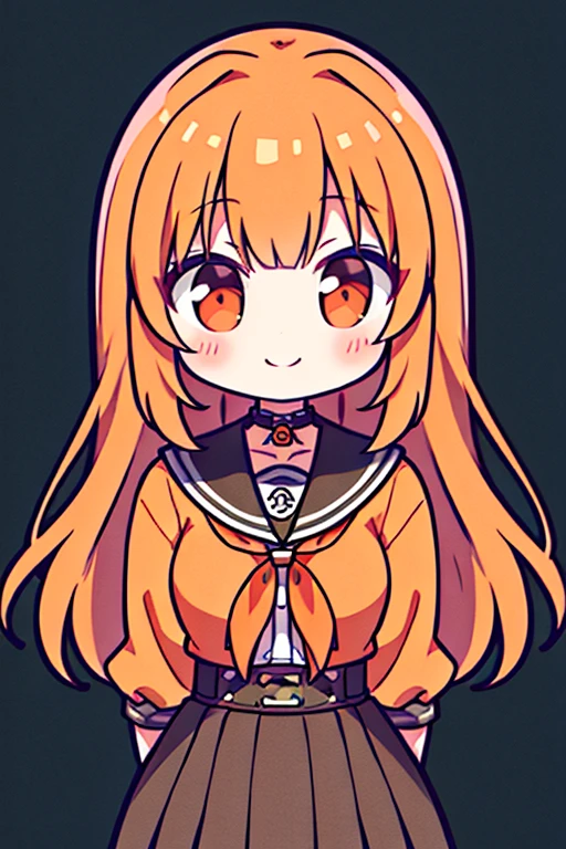 best quality, masterpiece, highres, solo, {mayuzumi_fuyuko_theidolmstershinycolors:1.15}, orange_hair, bangs, long_hair, blush, brown_eyes, blunt_bangs, breasts, two_side_up, smile, medium_breasts, 1girl, black_skirt, long_sleeves, looking_at_viewer, upper_body
