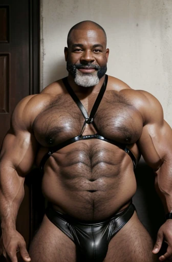  A shirtless full length African American fat bodybuilder with a very oiled body smiling sweaty old man with shaved head with big gray mustaches extremely muscular and extremely fat over 70 years old weighing over 600 pounds very muscular very hairy big pecs with gynecomastia ??????? dark women in front of a white wall wearing black leather panties and a leather torso harness 