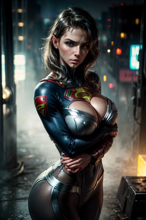 ,Supergirl action shots ((Random Nudes,Tight suit,Evil Supergirl Suit「Man of Steel」Wearing a sexier black and silver version of)), Large Breasts((Ample breasts,Sexy cleavage,Well-shaped breasts)), Huge Ass,Mature Body,Toned body, (background explosion、Ruined city), Style - BladeRunner2049-8v Complex, Attention to detail, Sharp focus, dramatic, ((Realistic))