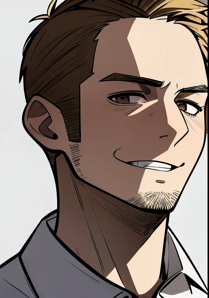 One 45 year old Adult male, brownish blonde short hair parted down the middle, side burns, stubble, brown eyes, cocky overconfident and murderous expression, shit eating grin, wearing white collared shirt, portrait style, facing forwards, plain grey background 
