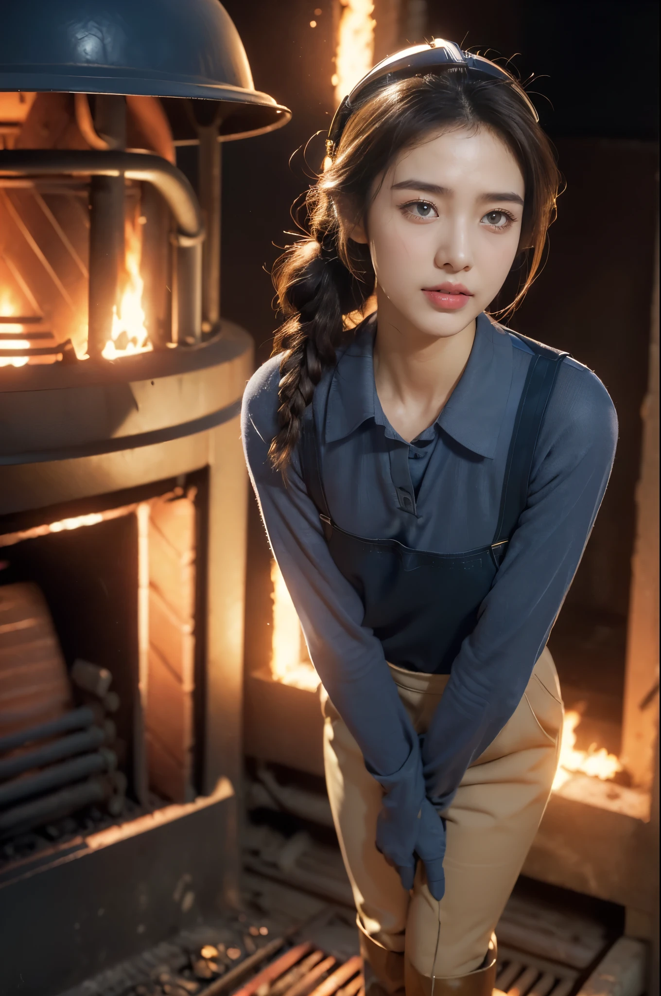 (Extremely meticulous CG),(((8k))),wallpaper,((Extremely refined and beautiful)),(((Masterpiece))),(((best qualtiy))),(((Ultra High Resolution))),beautiful light up,realistic shaded,(Smooth and flawless skin:1.5),(Extremely exquisite facial details:1.3),(ultra-detailed:1.5),((a beautiful girl,solo)),(female worker:1.2),(Safety helmet on head:1.5),(short ponytail:1.2),(small head:1.2),(slender face:1.2),(Exquisite makeup:1.3),(mask on face:1.3),(blush:1.3),(sweat:1.5),(happy:1.2),(laughing:1.2),(perfect body:1.1),(brown skin:1.3),(shiny skin:1.5),((slim,thin)),(small breasts:1.2),(dark blue collared shirt:1.5),(sleeves:1.2),(gloves:1.3),(slender legs:1.2),(bib overall:1.3),(boots:1.2),(standing:1.3),(arms behind back:1.2),(in factory:1.2),(In the steelmaking workshop:1.3),(Beside the steelmaking furnace:1.3),(indoor:1.2),(Cyberpunk style:1.3),(warm glow of the furnace fire:1.3),(detailed background:1.5),(full body:1.3),(from front:1.3)