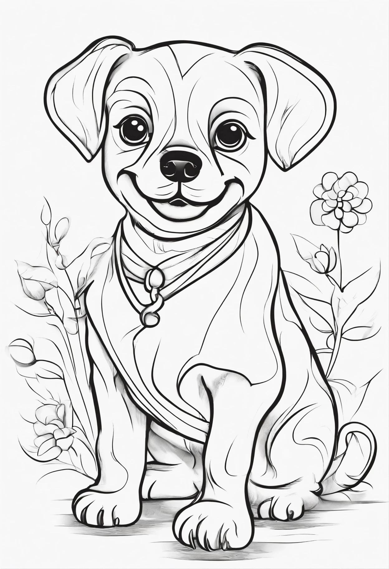 b/w outline art for kids coloring book page animal-themed, coloring pages, full white, kids style, white background, whole body, sketch style, full body (((((white background))))), only use outline, cartoon style, line art, coloring book, clean line art, sketch style, line-art, full body images, easy drawings for kids, smiling puppy, very simple images