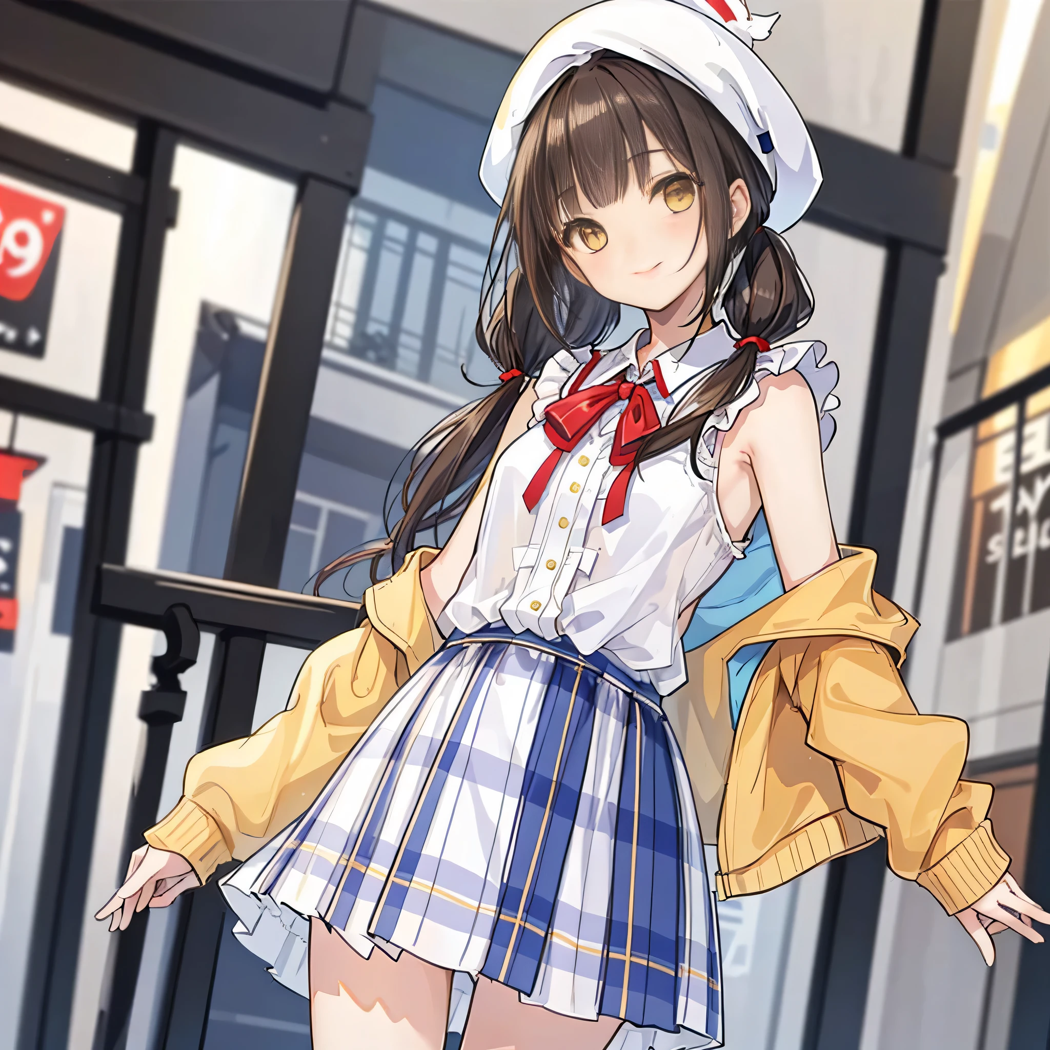 (masterpiece, highest quality), (Ultra-detailed, 8K, Ultra-high resolution:1.2),(One Girl),((Yellow Eyes)),(Big eyes)(((Dark chestnut hair))),(((Twin tails))),(Align your bangs),(Bangs see-through bangs),((A cute white beret)),sleeveless white shirt,(((Blue plaid skirt))),(((Red ribbon tied around neck))),(((Stylish clothing store))),(((Background Blur))),((smile)),(Pochette slung over shoulder),(((View from below))),