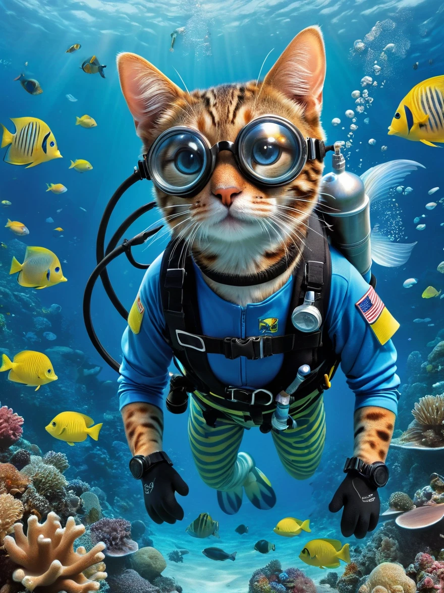 (personification), (一只穿着diving服的猫:1.3)，(Carrying an oxygen cylinder on his back:1.3)，Eyes wearing goggles，(diving:1.3)，seabed，Fish are surrounding, peter henket, Humorous illustrations, andy catling, Lovely and detailed digital art, Very realistic