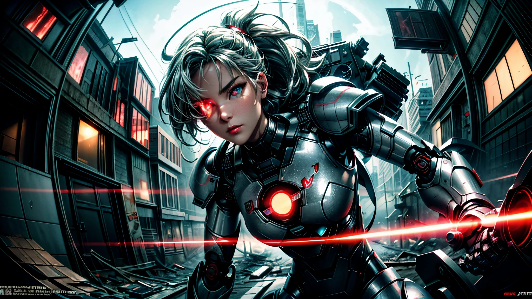 (((fisheye shot))),(Sexy female robot in futuristic armor),(retain human body characteristics),fantasy,Science Fiction,Break,
Beautiful female face,Tempting,sexy,mist,Vivid and charming eyes,(Glowing eyes),Super detailed eyes,Fine textured face,soft textured skin,holding laser-sword weapon,red Glowing laser-sword,white and darkgrey armor,High detail armor,with scratches and burned,Break,
background,(In a destroyed futuristic city),(in city:1.37),destory,(in war),giant robot,giant robott walking in the distance,with Laser-weapons,Laser light emitted from weapons,Electric light,Fight back,counterattack,Break,
dramatic,Best quality masterpiece,Reality,detailed,HDR,Shallow and deep,Movie Lighting,Shining,Clear focus,Bloom,Chromatic Aberration,Futurism,Verism,anime style,sparkle,glowing light,ray tracing,reflection light,drop shadow,chromatic aberration abuse,cinematic lighting,high detail,8k,super detail,UHD,retina,highres,masterpiece,award winning,ccurate