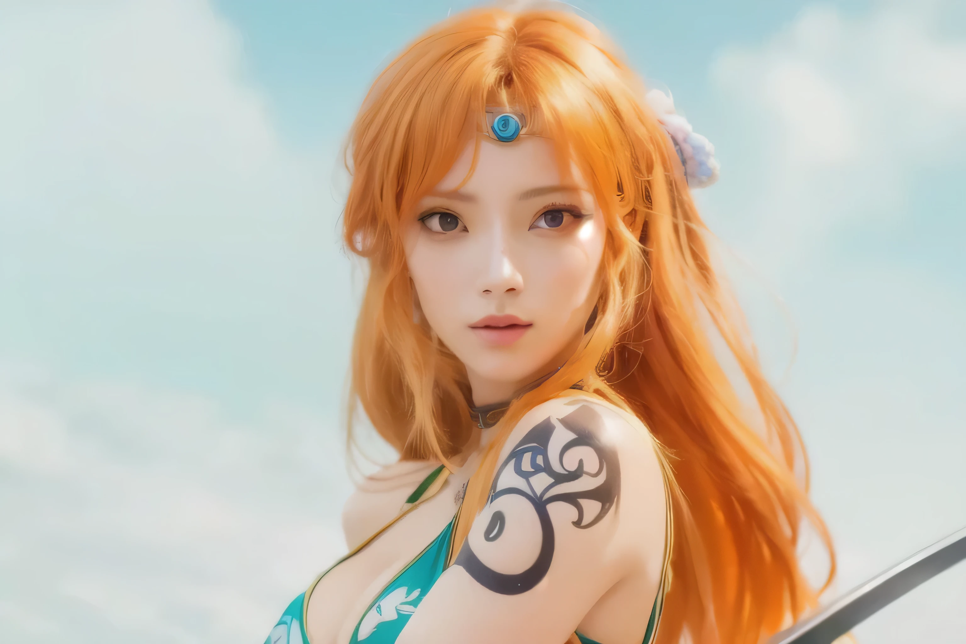 a close up of a woman with a sword in her hand, nami from one piece, hyper realis, 8k