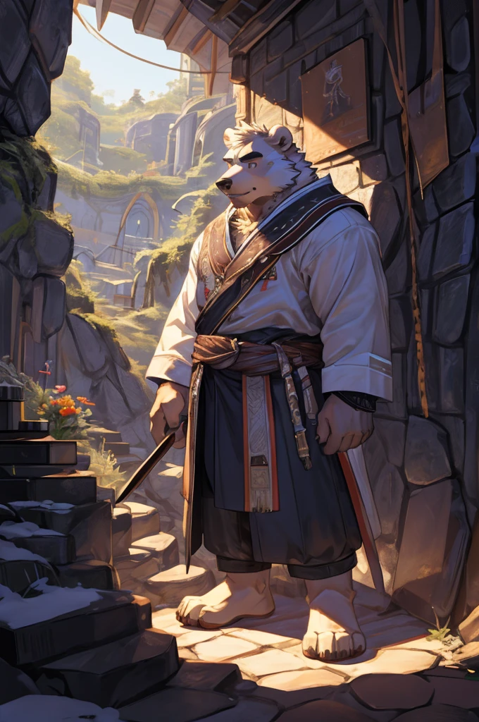 masterpiece, best quality, 8k resolution, Very detailed, hairy,Bear ears,White fur,All white,Polar Bear,male,fat,Strong,Cave,Torches in hand,Detailed facial depiction,Thick eyebrows,Solitary,Detailed eye depiction,masterpiece场景,Art level