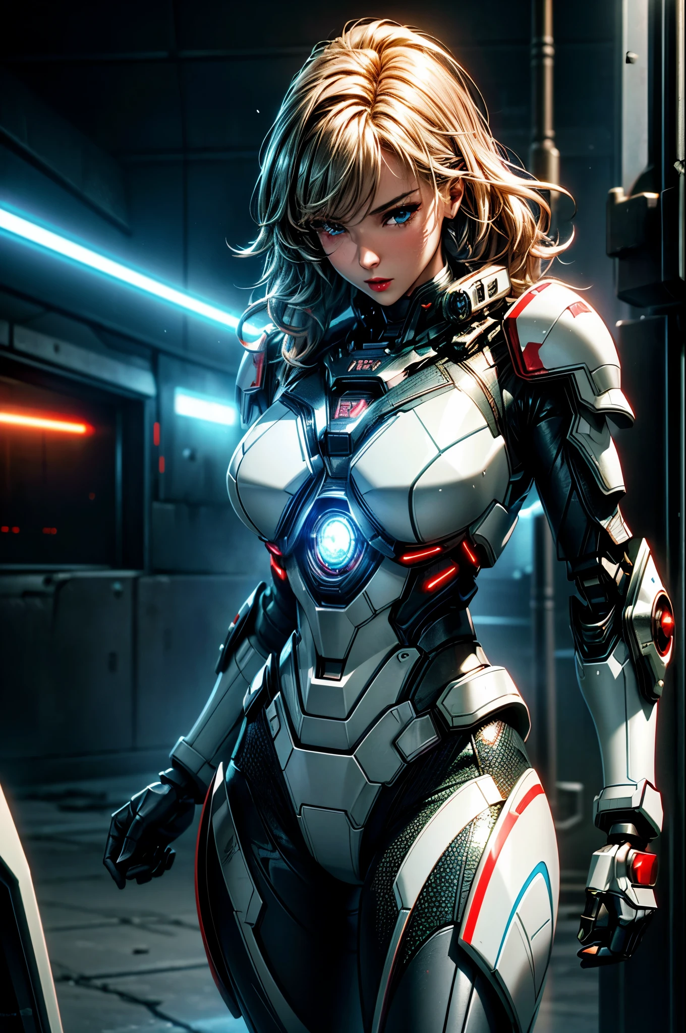 Ultra-wide shot,(((Sexy female human in futuristic armor))),fantasy,Science Fiction,Break, 
Beautiful female face,Tempting,sexy,mist,Vivid and charming eyes,Super detailed eyes,Fine textured face,soft textured skin,holding laser-sword weapon,red Glowing laser-sword,white and darkgrey armor,High detail armor,with scratches and burned,Break, 
background,(In a destroyed futuristic city),destory,in war,giant robot,giant robott walking in the distance,with Laser-weapons,Laser light emitted from weapons,Electric light,Fight back,counterattack,Break, 
dramatic,Best quality masterpiece,Reality,detailed,HDR,Shallow and deep,Movie Lighting,Shining,Clear focus,Bloom,Chromatic Aberration,Futurism,Verism,anime style,sparkle,glowing light,ray tracing,reflection light,drop shadow,chromatic aberration abuse,cinematic lighting,high detail,8k,super detail,UHD,retina,highres,masterpiece,award winning,ccurate