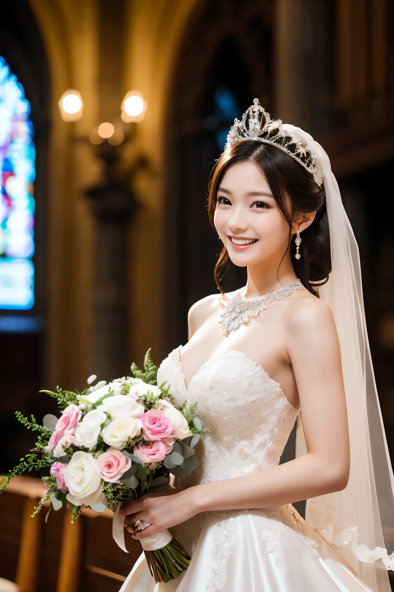 (Tabletop、highest quality、8k、Extremely fine and exquisite detail、The most complex and detailed textures、Ultra-high resolution)、One beautiful bride、The most extravagant and luxurious giant tiara、The most extravagant and luxurious giant necklace、The most extravagant and luxurious huge wedding dresost gorgeous wedding dresses、Wedding Lace、The most luxurious and elegant decoration、Upper body photo、The most luxurious church wedding、An elegant and modern church、Stylish and elegant contemporary church、Delicate and gorgeous stained glass、Upper body photo、The best smile when he sees me、The most lavish wedding