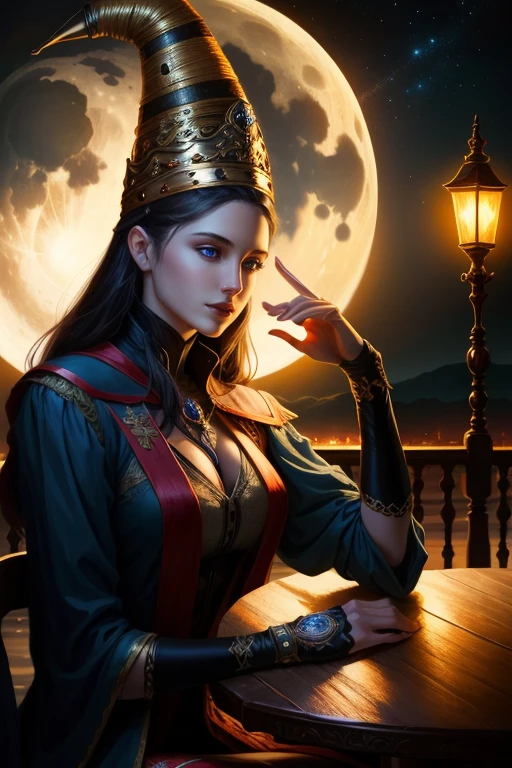 Rennala - Elden Ring, pointed crown coned, blue eyes, sitting at a table, ig model | artgerm, extremely detailed artgerm, hyperrealistic fantasy art, artwork in the style of guweiz, artgerm and wlop, wlop and artgerm, alena aenami and artgerm, artgerm. anime illustration, dark moody atmosphere, moon, outside, nighttime, stars, lake view