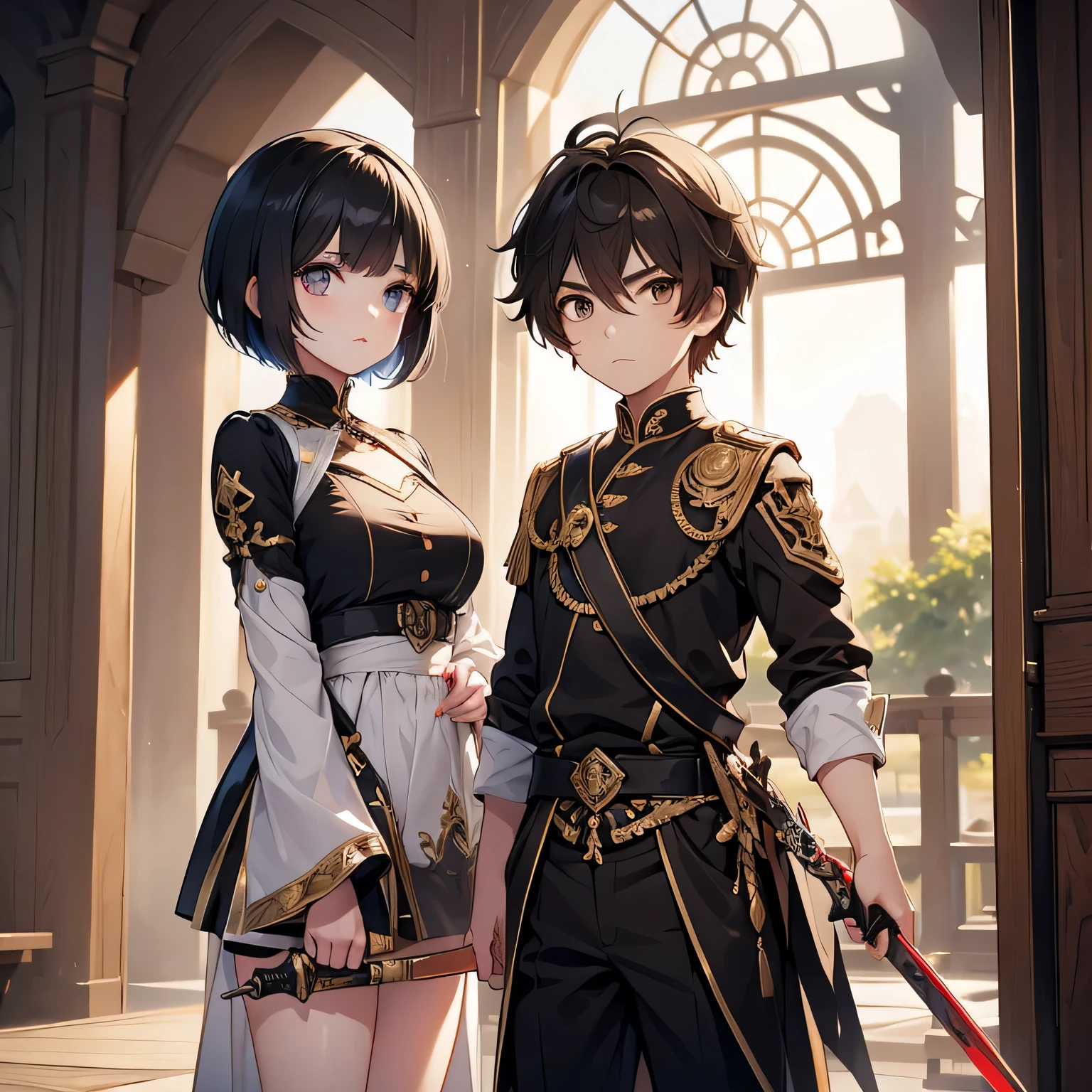 Girl and boy, girl have a short hair and a big eyes brown. they use sword.