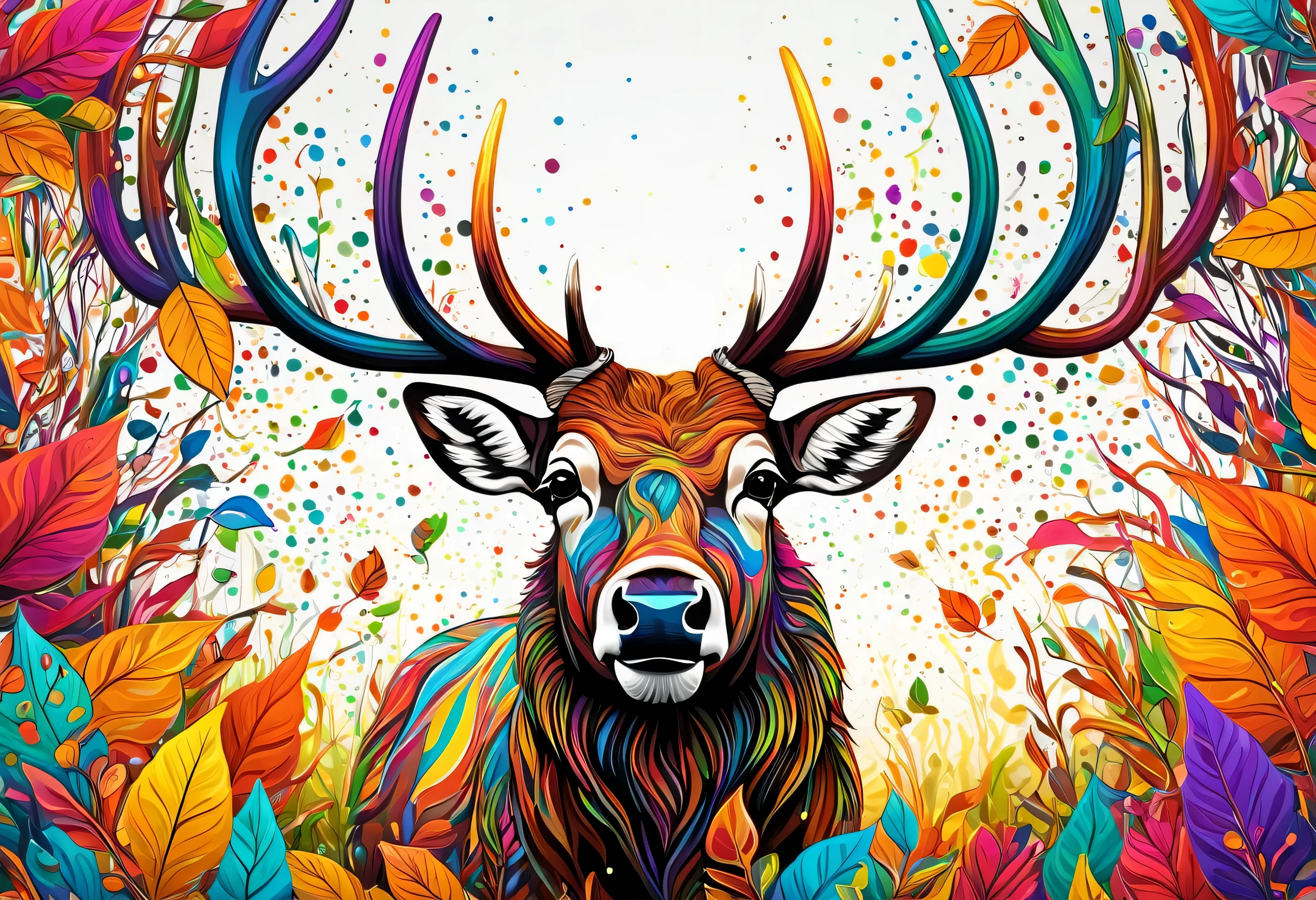 A bugling wapiti with colorful paint on its face and leaves, vector art:Zahari Zograf, Trending on Pexels, psychedelic art, Rich in color and detail, A complex and colorful masterpiece, art:Alessandro Pautasso, very complex and colorful, colorful hd images, A colorful and intricate masterpiece, High quality HD digital art, great digital art, very colorful