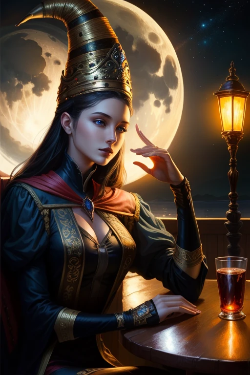 Rennala - Elden Ring, pointed crown coned, blue eyes, sitting at a table, ig model | artgerm, extremely detailed artgerm, hyperrealistic fantasy art, artwork in the style of guweiz, artgerm and wlop, wlop and artgerm, alena aenami and artgerm, artgerm. anime illustration, dark moody atmosphere, moon in the sky, outside, nighttime, stars, lake view