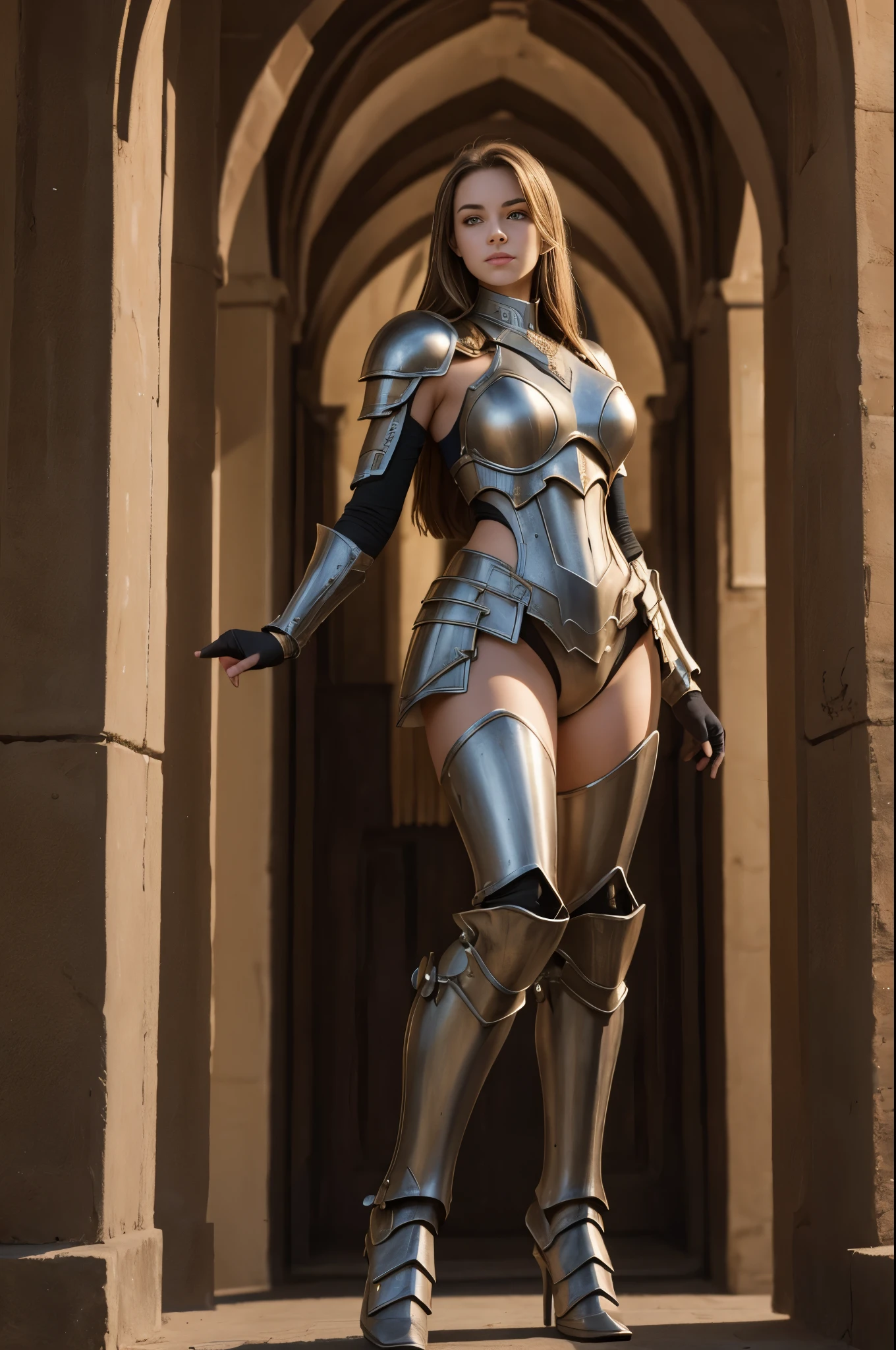 young lady, ((full body)), with her head, hands and legs full armored, standing in her palace, beautiful chest, from front below