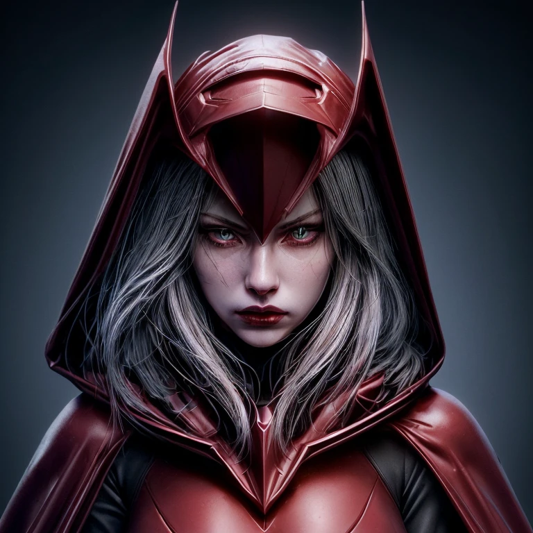 A cybernetic woman, with a perfect sculptural realistic,neckline, 3d, with hood on the head and a cape, and a red visor in the right eye, ultra realistic, HD,