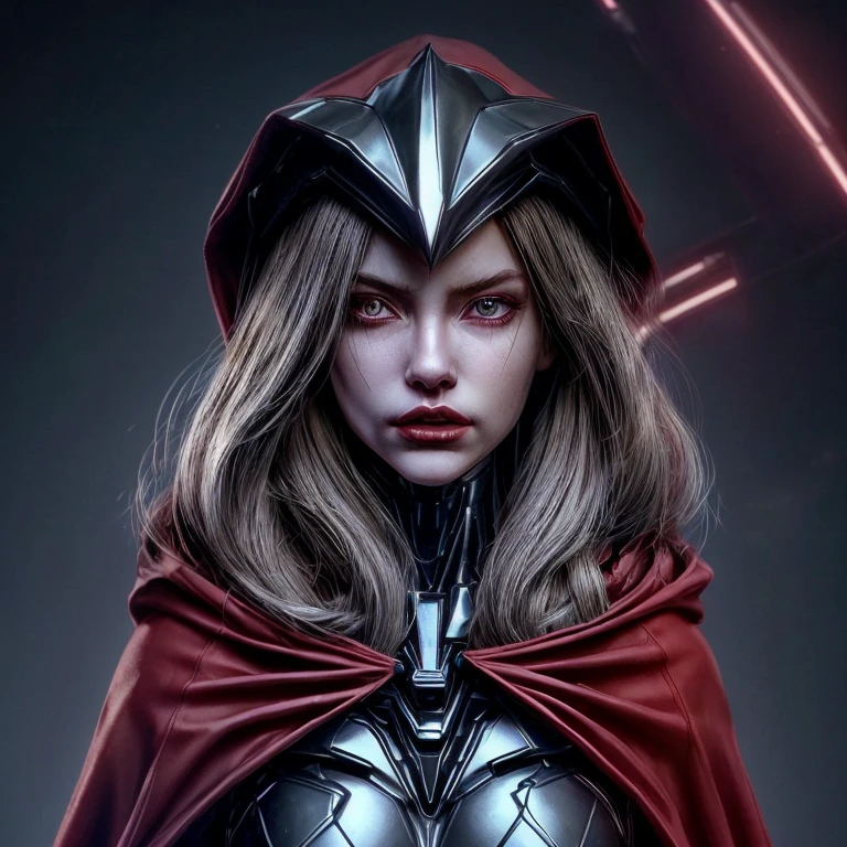 A cybernetic woman, with a perfect sculptural realistic,neckline, 3d, with hood on the head and a cape, and a red visor in the right eye, ultra realistic, HD,