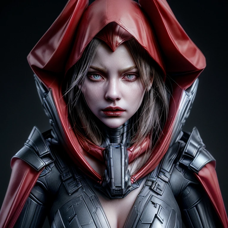 A cybernetic woman, with a perfect sculptural realistic,neckline, 3d, with hood on the head and a cape, and a red visor in the right eye, ultra realistic, HD,