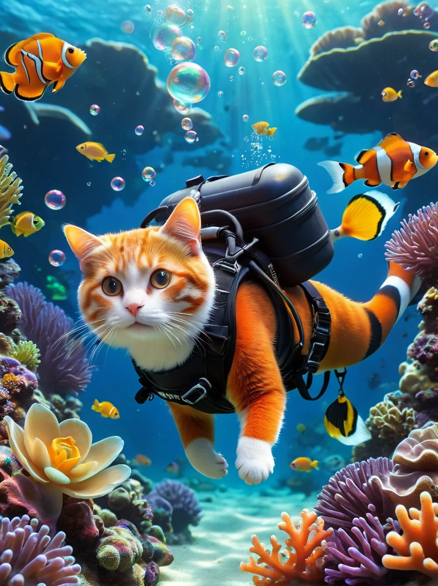 (一只穿着diving服和护目镜的猫与鱼一起游泳)，Underwater scene，(diving)，1 cat，(穿着diving服)，(Carrying an oxygen cylinder on his back)，1 fish，Clownfish，bubble，Seaweed，Coral Reefs，Sunlight is filtered through the water，Tranquil atmosphere，calm，1.4x more realism，3D Rendering，Concept Art，Vibrant colors