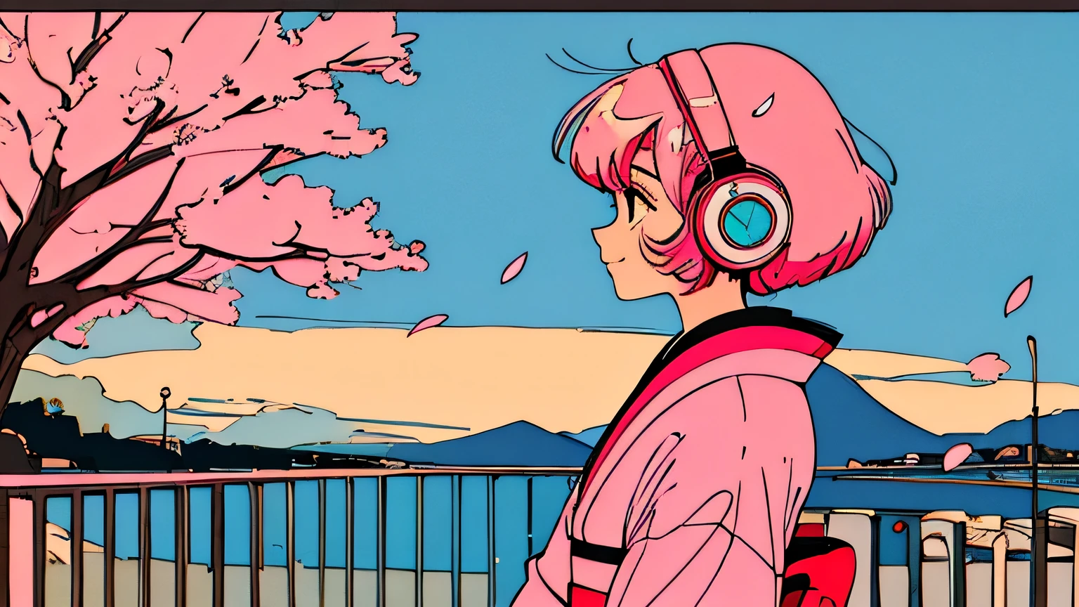 master piece, City Pop style, Pink Hair, fluffy bob cut, wearing headphones, shoulder length, alone, Futuristic, yet, lofi, retro, vintage, Ghost, light smile, cherry blossoms, (( side shot)), ((kimono)), (( looking away )),