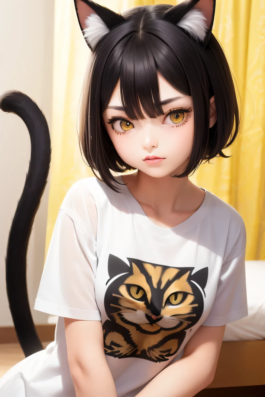 Masterpiece, Top quality, Super detail, the wallpaper, Break, 18 years old, Cat ears, black short hair, Big yellow eyes, Long eyelashes, Mouth closed, Break, White T-shirt, Cat print picture, Tail, Break, Cat pose, arms back behind, Break, Background, Luxury bed, Break,