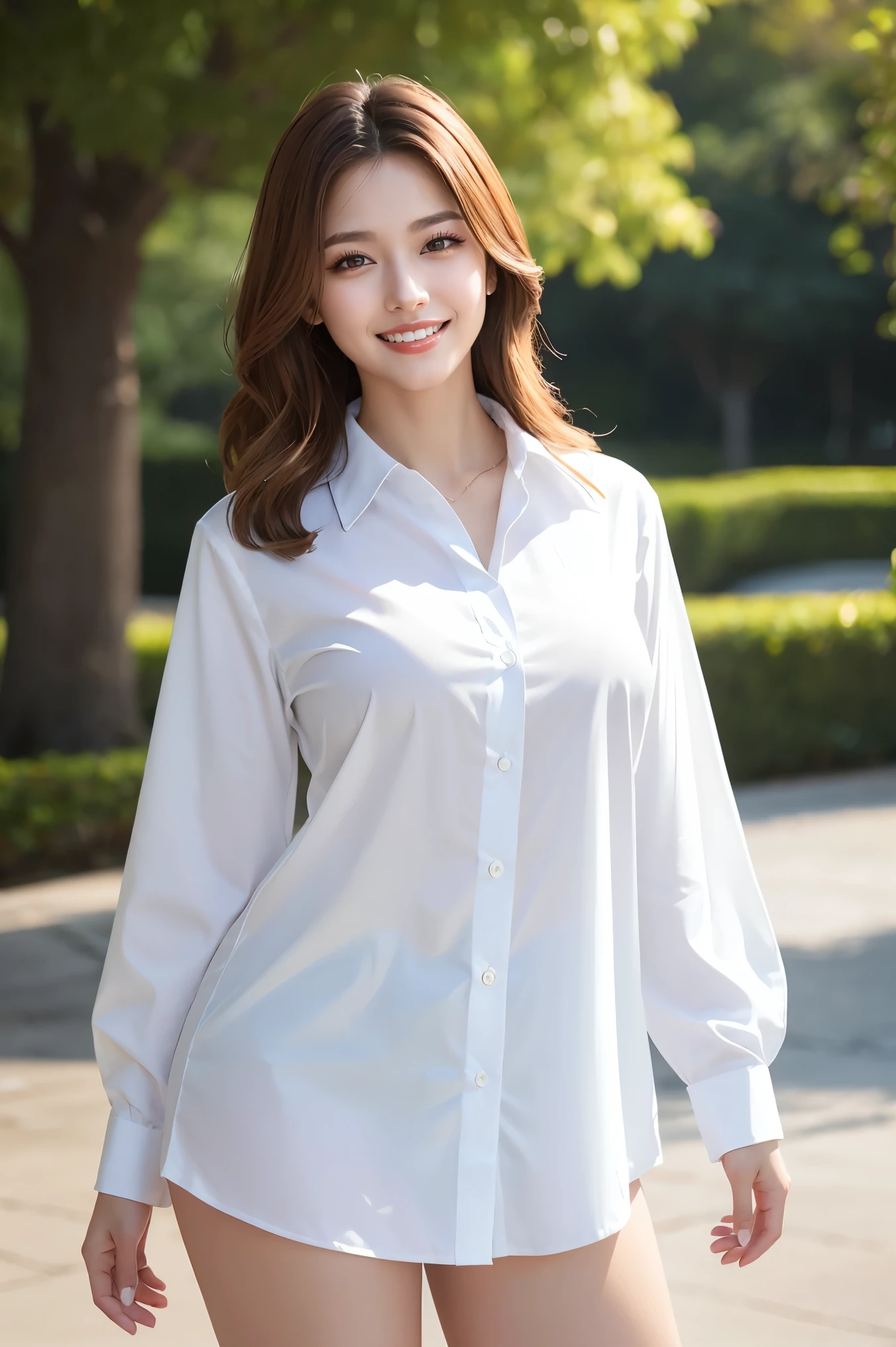 (highest quality、masterpiece、8k、Best image quality、Hyperrealism、Award-winning works)、One high school girl、(The most natural and perfect white polyester long sleeve collared shirt:1.2)、(Naked and wearing only a polyester shirt:1.1)、(Naked lower body:1.1)、(barefoot:1.1)、(Full body photo:1.1)、Standing Elegantly、(beautiful thick legs:1.1)、Accentuate your body lines、(Big Breasts:1.1)、(Cleavage:1.1)、Short length、Attractive body、white shining shirt、(Brown wavy hair:1.1)、Standing Elegantly、The best smile when he sees me、Strongly blurred background、Park Background、Very bright、Upper body photo、(Accurate anatomy:1.1)、Accentuate your body lines、Perfect Makeup、Long eyelashes、Bright lipstick、Glossy Lips、Ultra high definition glossy skin、(Ultra-high resolution, bright and beautiful skin:1.1)、超高精細のGlossy Lips、Ultra-high resolution beautiful teeth