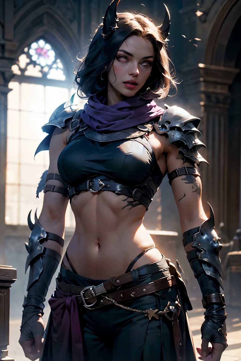 1 girl, Volumetric light, (bright scene:1.5), Cathedral,  depth of field, hips ,hair ornament,  photo, masterpiece, Best quality,HDR, a high resolution,Realistic details,40 thousand, HDR, a high resolution,
shadowmoonBerserk, Berserk, horns, shoulder armor, breastplate, belt, tattoo on stomach, Purple eyes, muscular, black trousers, Scarf, Scar, fangs, claws