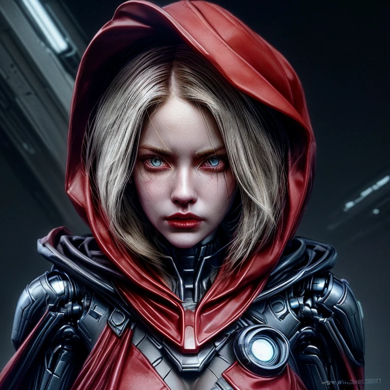 A cybernetic woman, with a perfect sculptural realistic,with hood on the head and a cape, and a red visor in the right eye, ultra realistic, HD,