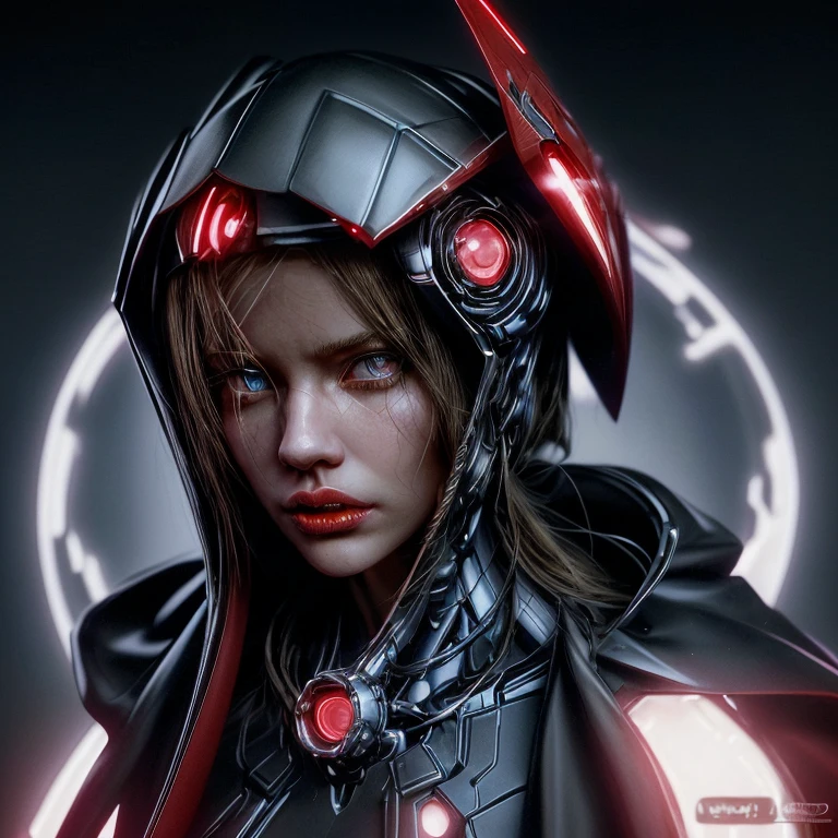 A cybernetic woman, with a perfect sculptural realistic,with hood on the head and a cape, and a red visor in the right eye, ultra realistic, HD,