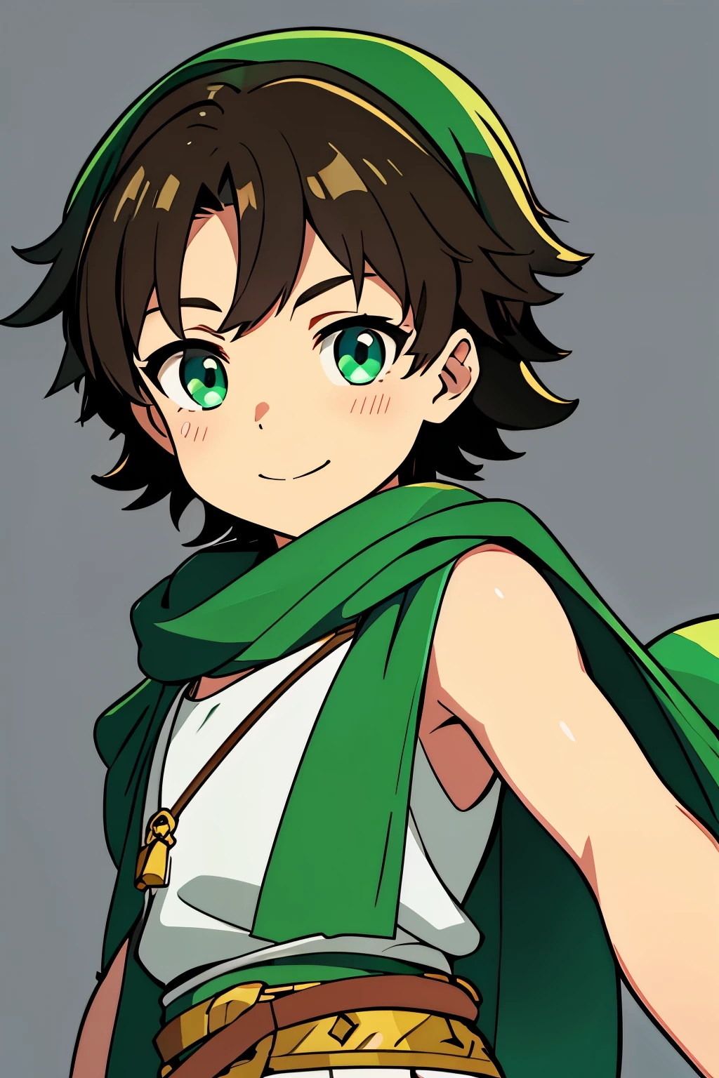 (high-quality, breathtaking),(expressive eyes, perfect face) 1boy, male, solo, , dark brown color hair, green eye color, spiky fluffy hair, wavy hair, short hair length, cute smile, cute face, childlike face, white tunic, green and gold trim, green scarf, Symmetrical Eyes, portrait, positive expression, grey background, greek clothes, ancient Greek clothes
