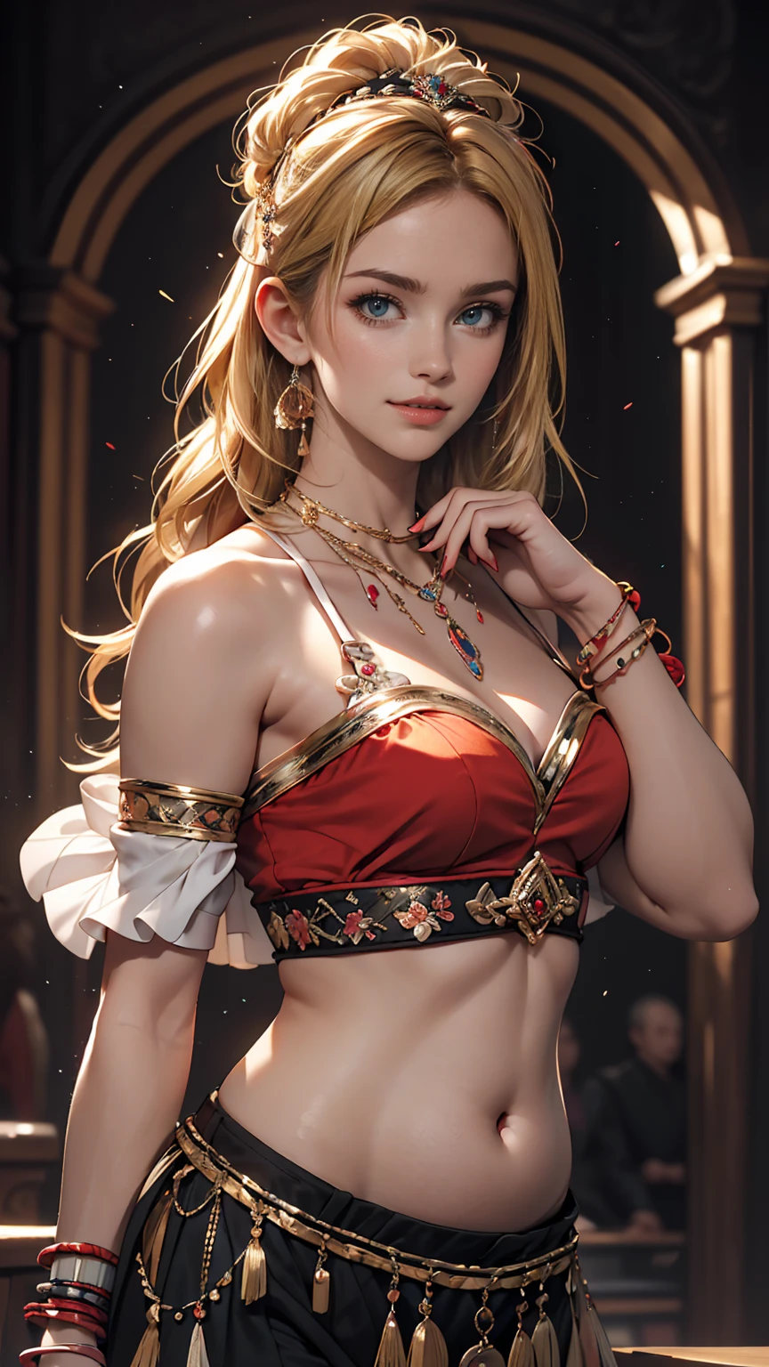 (最high quality, 8K, masterpiece: 1.3, Ultra HD, high quality, 最high quality, High resolution, realism)) 、25-year-old Caucasian female、Platinum Blonde、blue eyes、long hair、smile、slim((slim))body shape、I want my head to stay off screen、Wear accessories on your wrist、Wearing red nail polish、I have a peticure、Wear a colorful belly dance costume、Being barefoot、Beautiful breasts、Beautiful buttocks、Beautiful waistline、smile、art nouveau background、Petals dance violently across the screen、belly dance vigorously、A veil on my head、hide one&#39;s face with a veil、Wiggle your hips、Sensual、Lively、Great style、The costume is erotic((erotic))