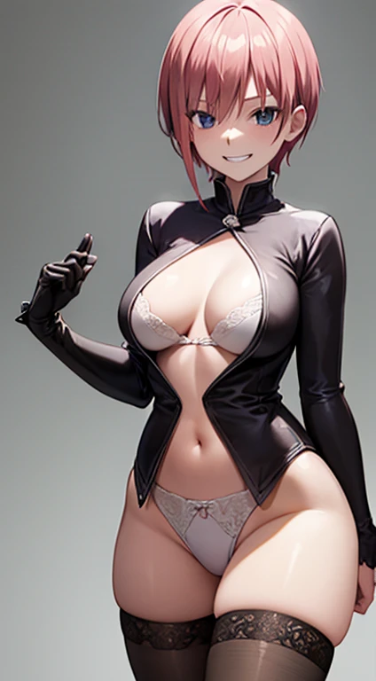 2d, masterpiece, best quality, anime, highly detailed, 1girl, solo, cowboy shot, nakano ichika, pink hair, short hair, grin smile:1.3, white lingerie:1.3, medium breasts, standing, black stockings, from_below foreshortening