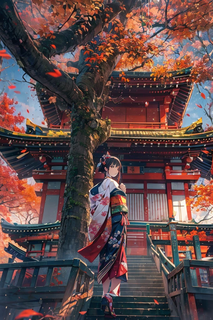(Official Art、highest quality、Unity 8k wallpaper、32k、masterpiece、Ultra-detailed、超A high resolution、Realistic、Photorealistic:1.2)、(Cinema Lighting:1.2)、Fire Glow Effect、Film Grain、Best Shadow、Rim Light、Side light、(Highly detailed and intricate 3D rendering)、細部までBeautiful Faceと目、Slender、Medium Bust、(whole body:1.2)、(Side Shot、avert your eyes:1.2)、(Mysteriouoonlight)、Highly detailed background、Beautiful Face、Beautiful girl、(Highly detailed skin、Detailed skin texture:1.3)、Japanese garden、Cowboy Shot、Tree with red leaves on the background of the tower々, Japan at Night, Japan Tourism, Japan Deeper Journey Exploration, Japanese Temples, Pagoda, at night!!, Set it to night, at night!, Beasts, vivid!!, Japan at Nightの街, panoramic, Ancient Japanese architecture, by Torii Kiyomasu II, November, Kyoto Japan Setting