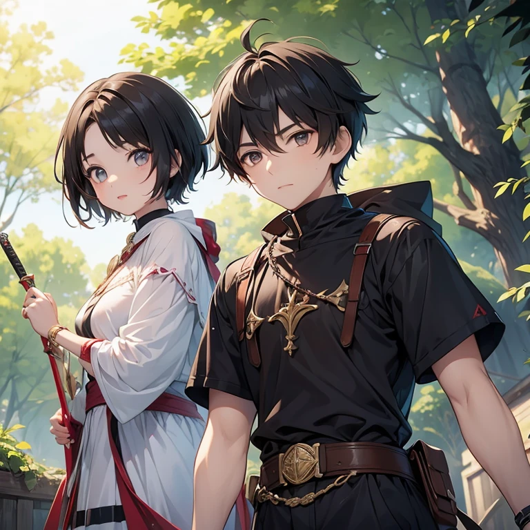 Girl and boy, girl have a short hair and a big eyes brown she has a big body. they use sword.